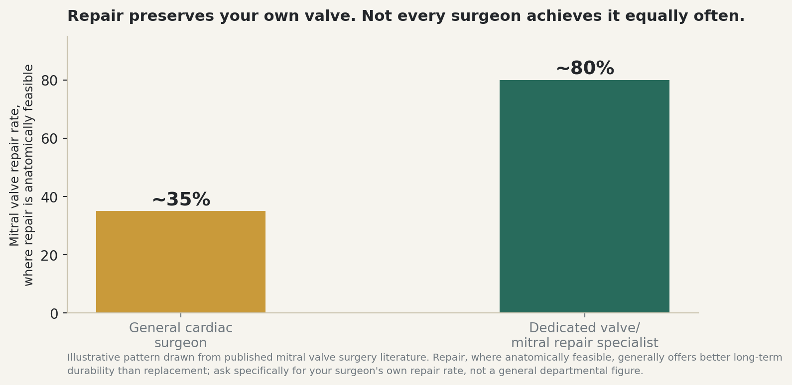 Chart: Repair preserves your own valve. Not every surgeon achieves it equally often.