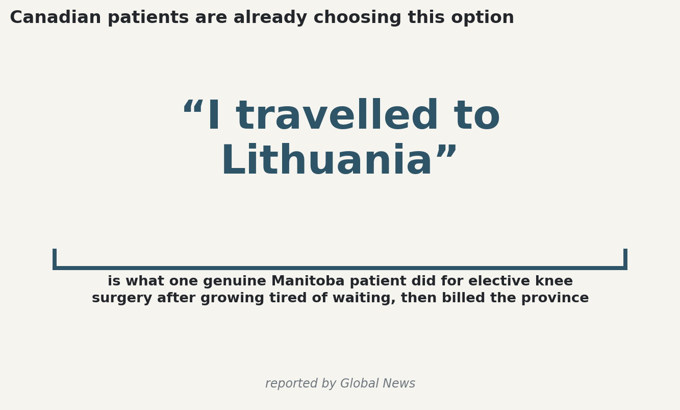 Quote: A Manitoba patient travelled overseas for elective knee surgery after growing tired of waiting, then billed the province